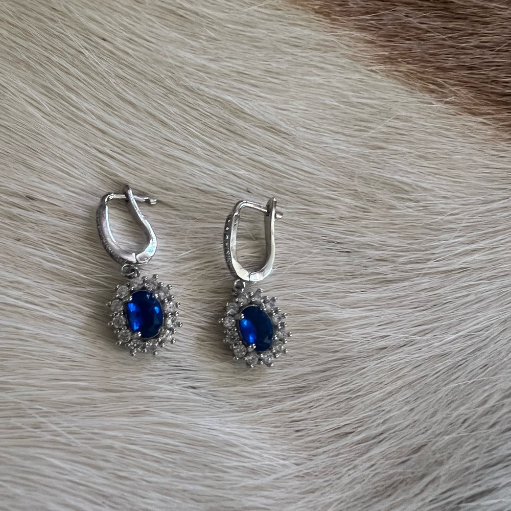 Silver Drop Earrings with Deep Blue Stones
